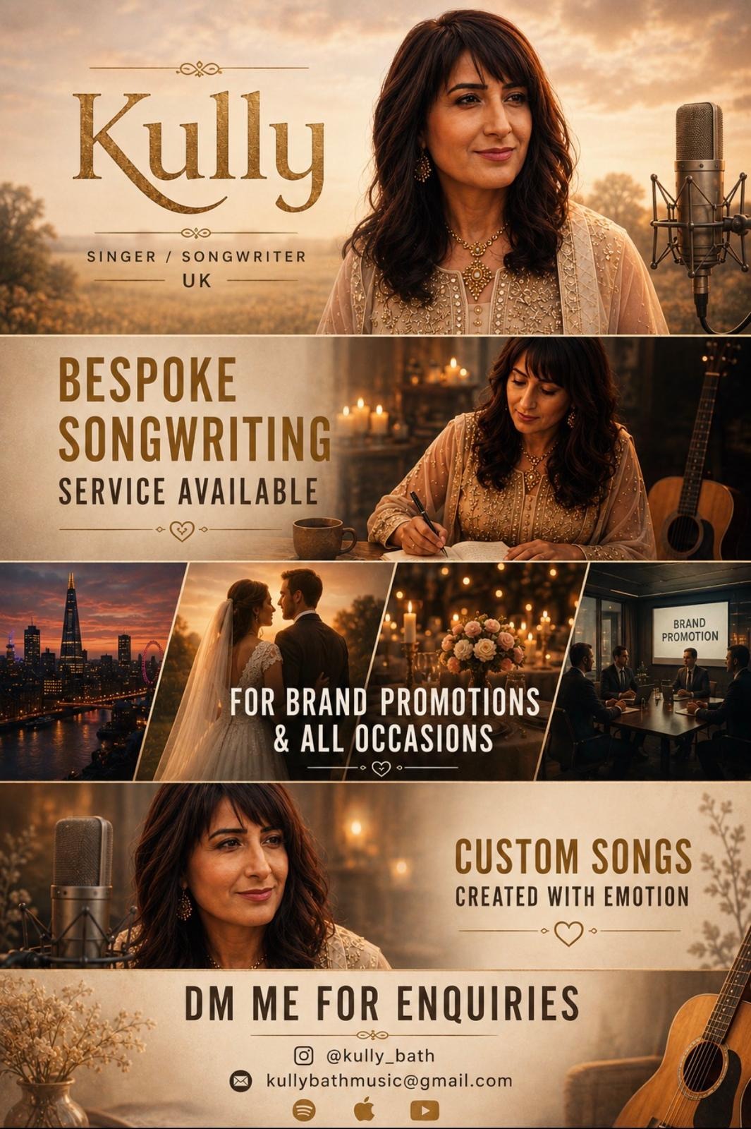 Promotional collage featuring Kully Bath, bespoke songwriting services, custom songs, and contact information.