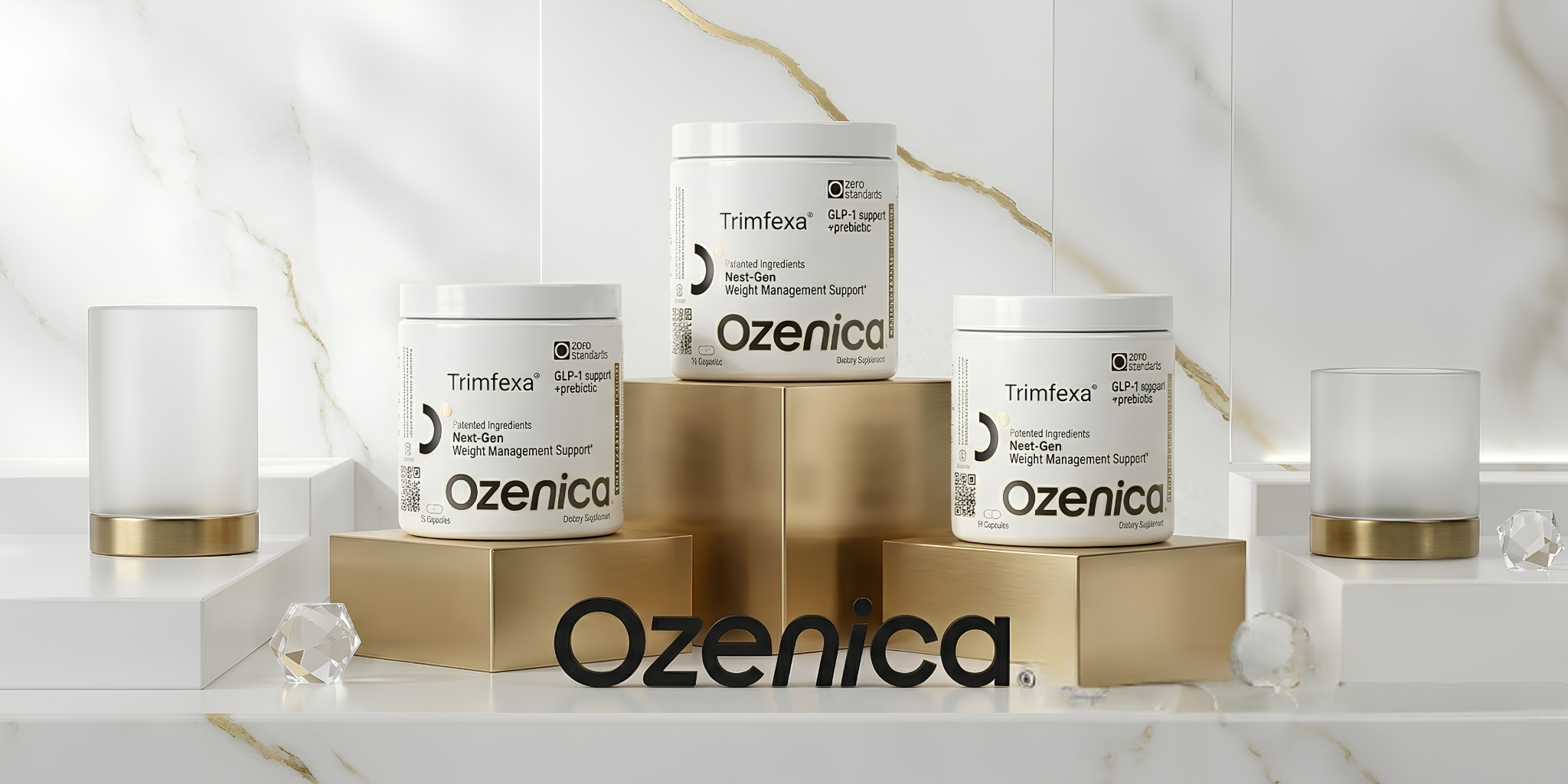 Three Ozenica Trimfexa supplement containers displayed on gold podiums.