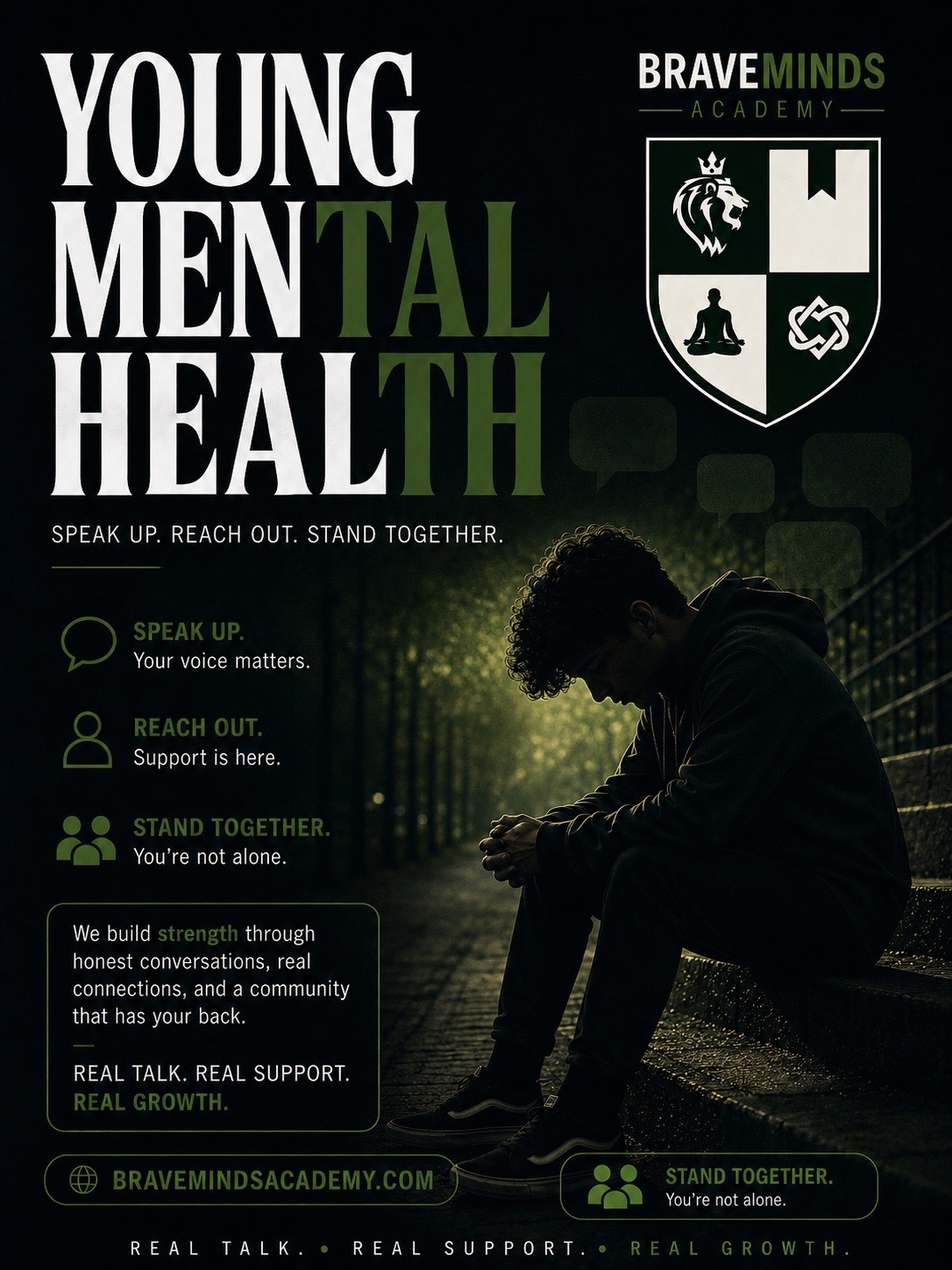 Young Men Heal mental health awareness poster featuring a reflective teen, support messages, and Braveminds Academy branding.