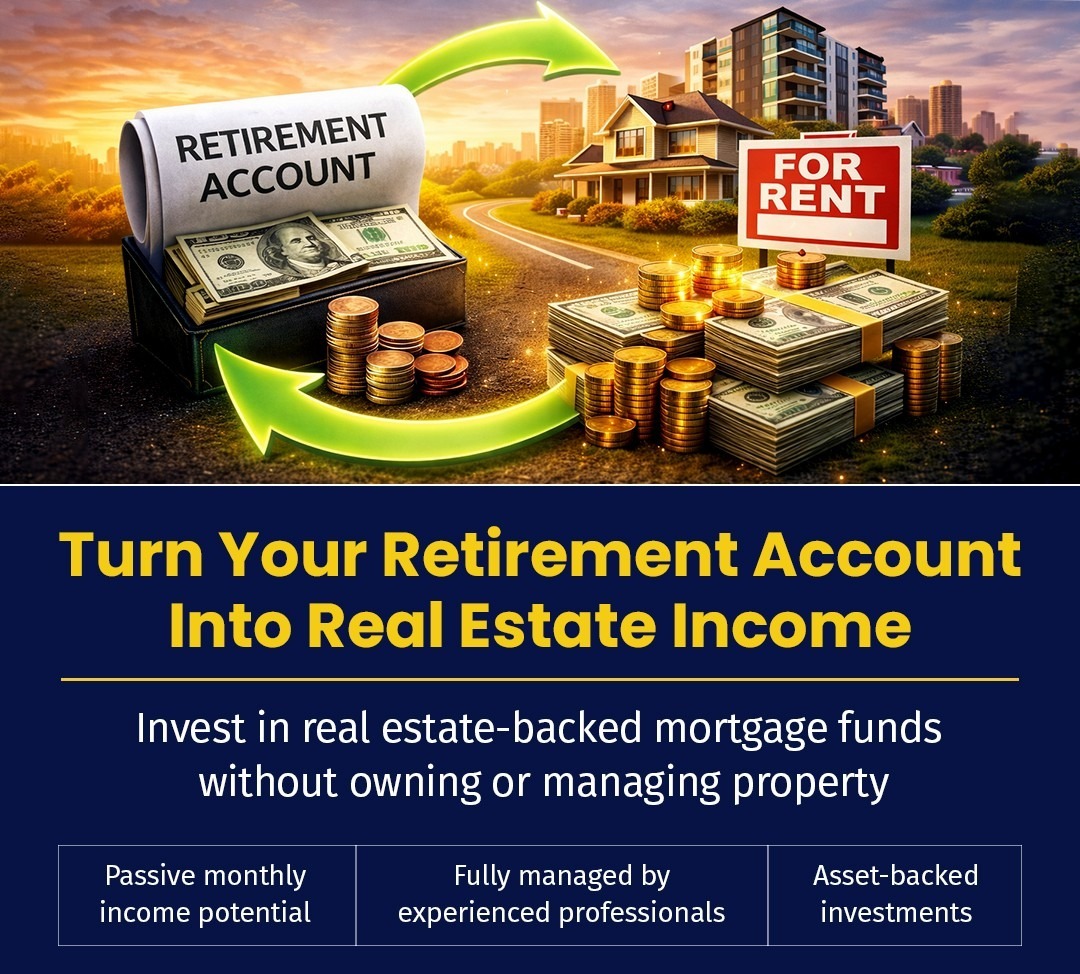 Retirement savings illustrated transitioning into real estate-backed income through mortgage fund investments.