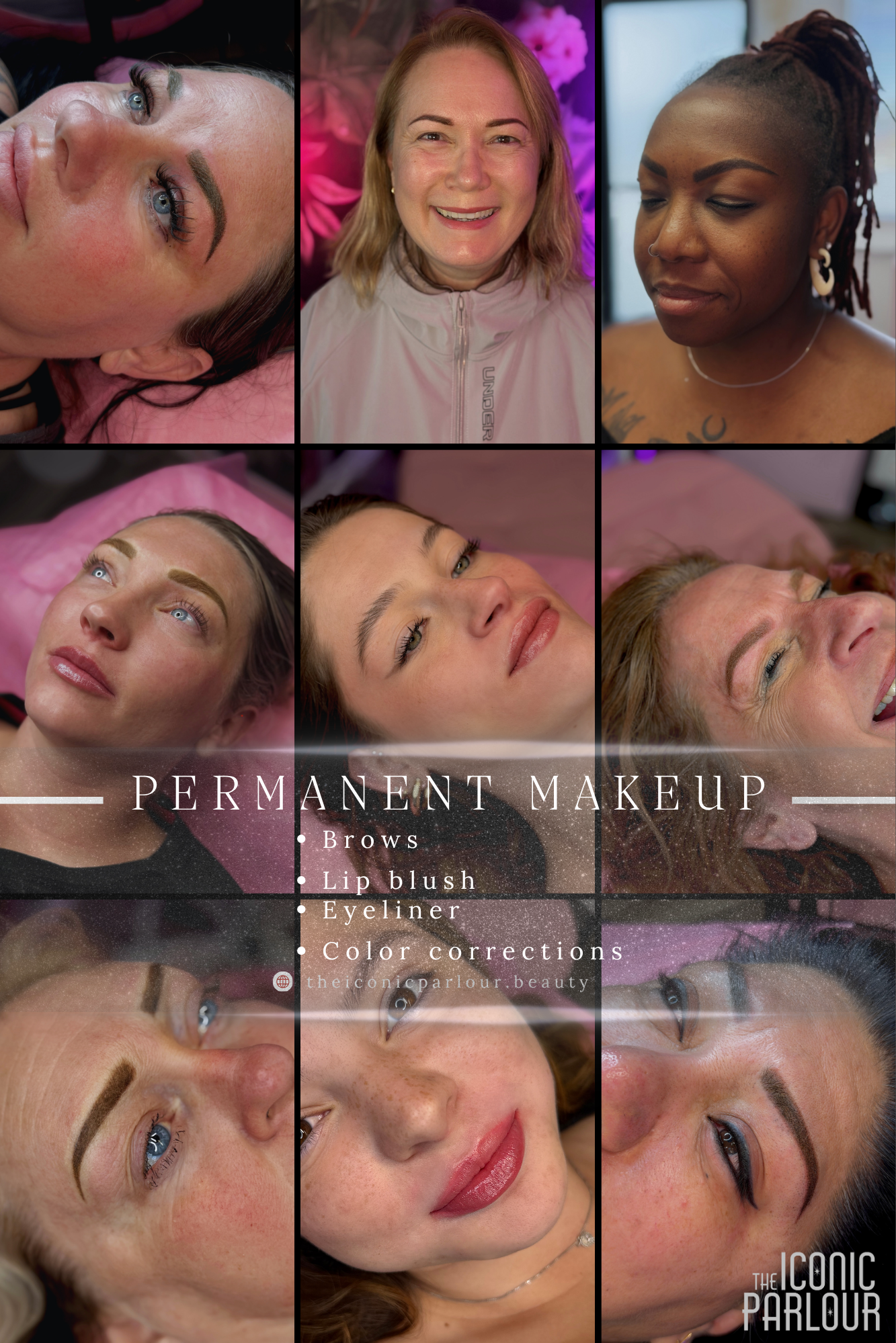 Permanent makeup results showcasing brows, lip blush, eyeliner, and color correction treatments.
