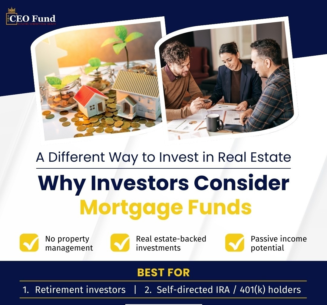 Infographic highlighting mortgage fund investing as a real estate-backed income alternative for retirement investors.