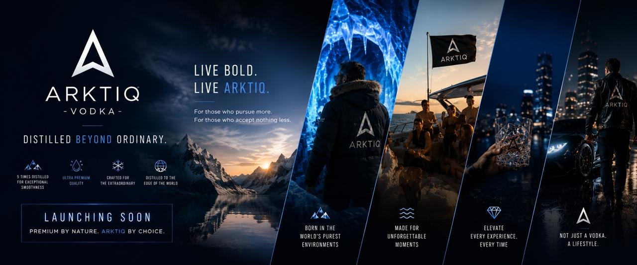 Arktiq Vodka lifestyle campaign featuring arctic landscapes, social gatherings, luxury experiences, and brand messaging.