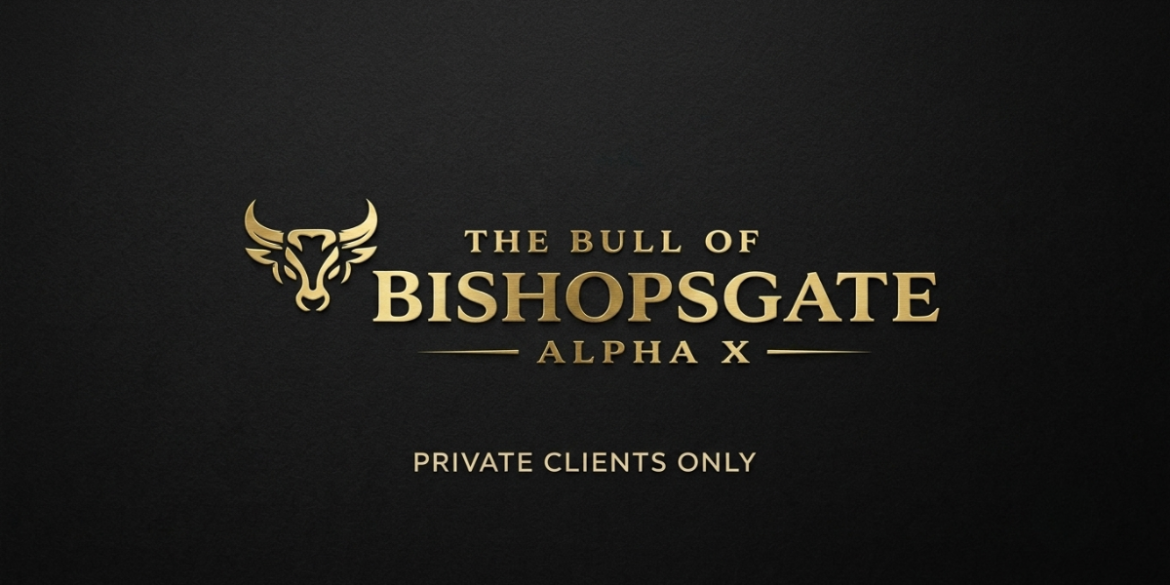 Black-and-white portrait of a suited bald man with dramatic lighting and The Bull of Bishopsgate title.