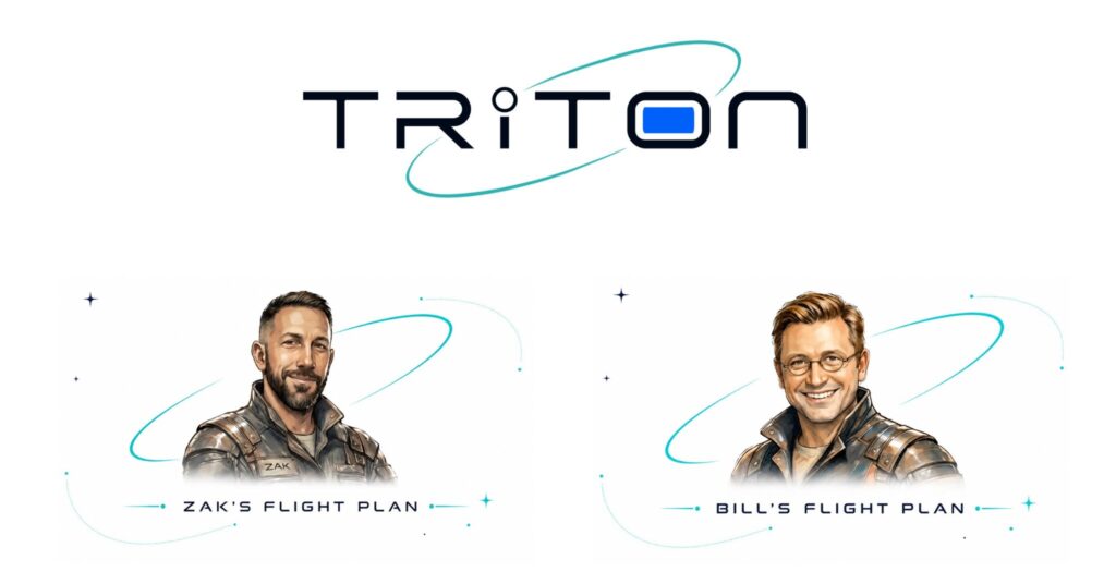 Illustrated portraits labeled Zak's Flight Plan and Bill's Flight Plan beneath the Triton logo.