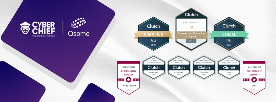 Cyber Chief and Qsome branding alongside cybersecurity industry awards and recognition badges.