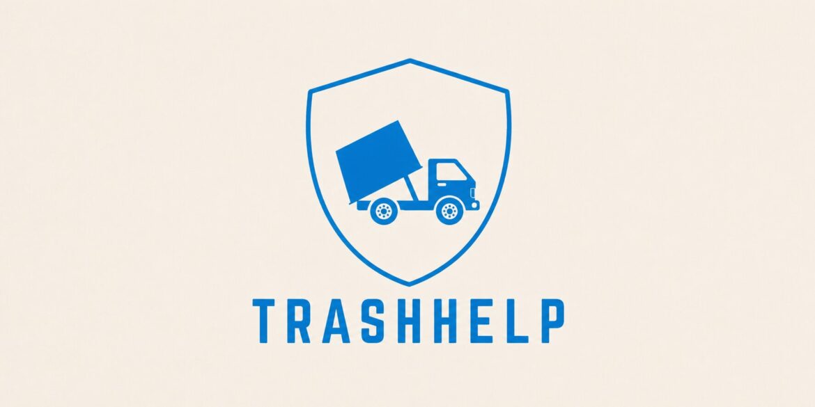 TrashHelp logo featuring a blue dumpster truck inside a shield with the company name below.