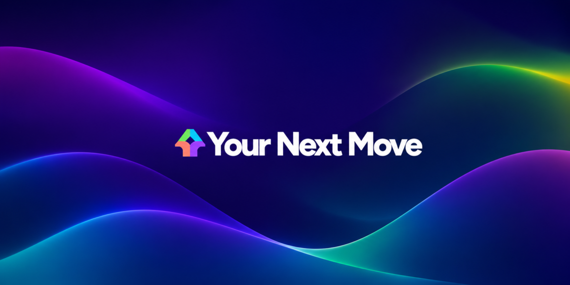 Your Next Move logo on a dark gradient background with colorful abstract wave graphics.