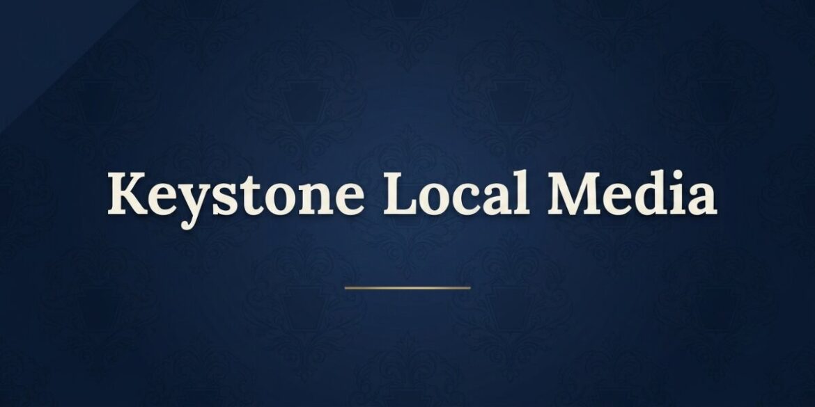 Keystone Local Media logo displayed on a dark blue patterned background with centered white text.