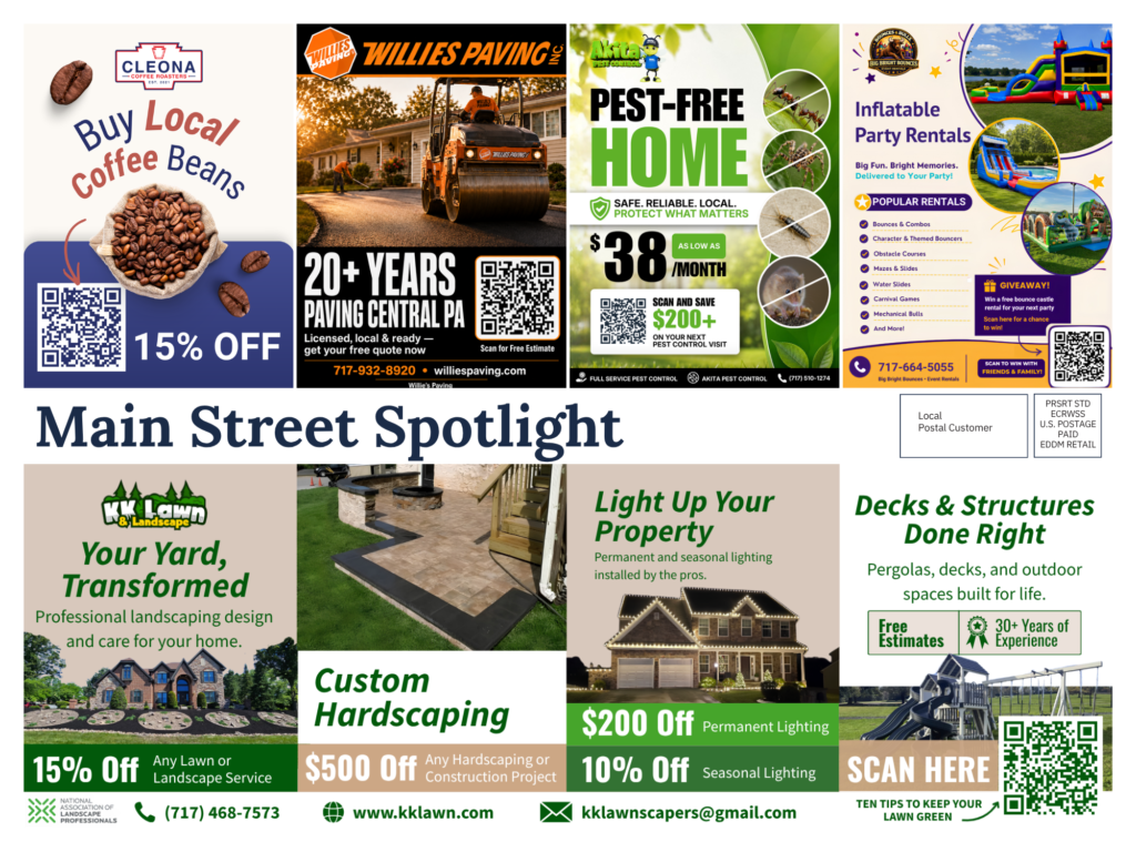 Keystone Local Media direct mail postcard featuring local business advertisements with QR codes, discounts, and home service promotions.