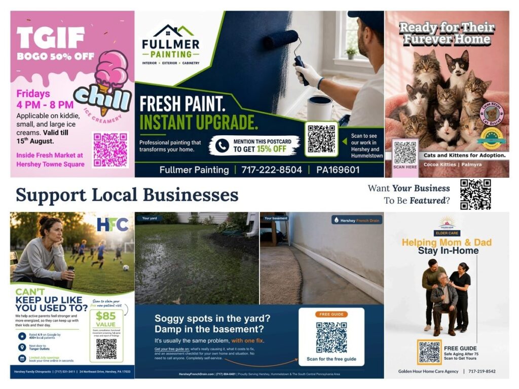 Shared direct mail postcard highlighting local businesses, healthcare, painting, pet adoption, and home services with QR code offers.
