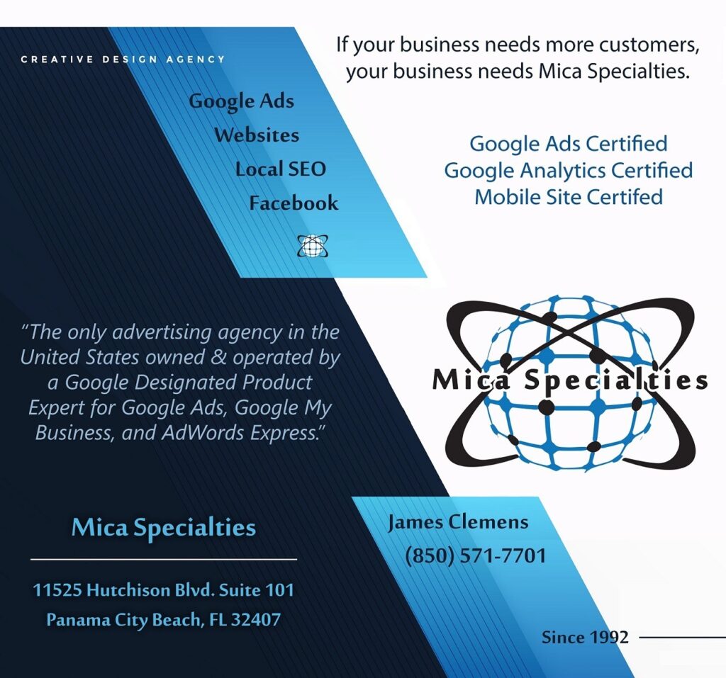 Mica Specialties marketing flyer highlighting Google Ads, SEO, websites, and digital marketing services.