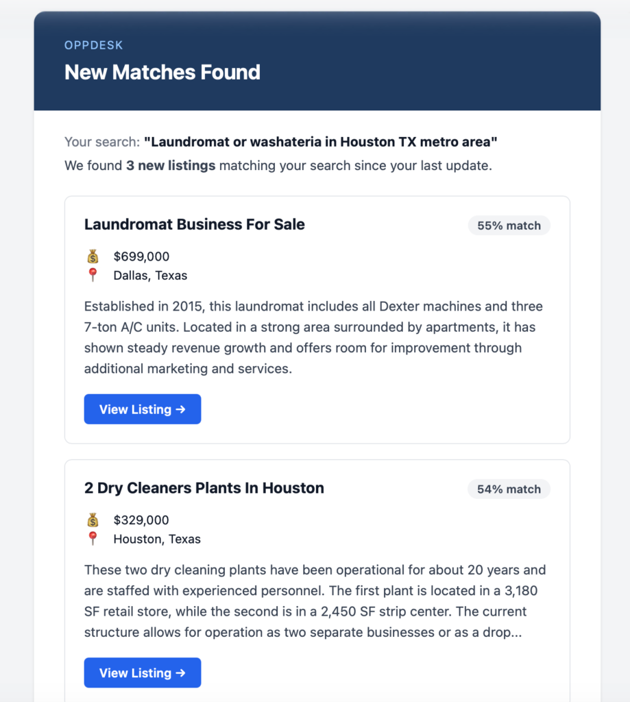 OppDesk dashboard displaying matched business acquisition opportunities based on buyer search criteria.