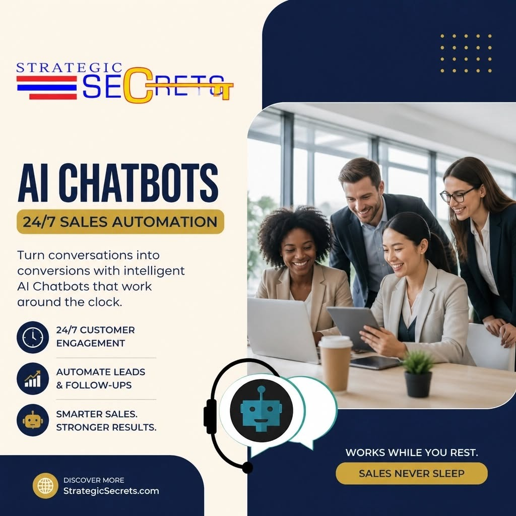Strategic Secrets graphic highlighting AI conversational leads with a professional using a laptop.