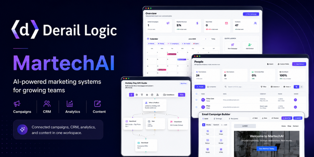 Derail Logic MartechAI dashboard displaying campaigns, CRM, analytics, content, automation, and email marketing tools in one workspace.