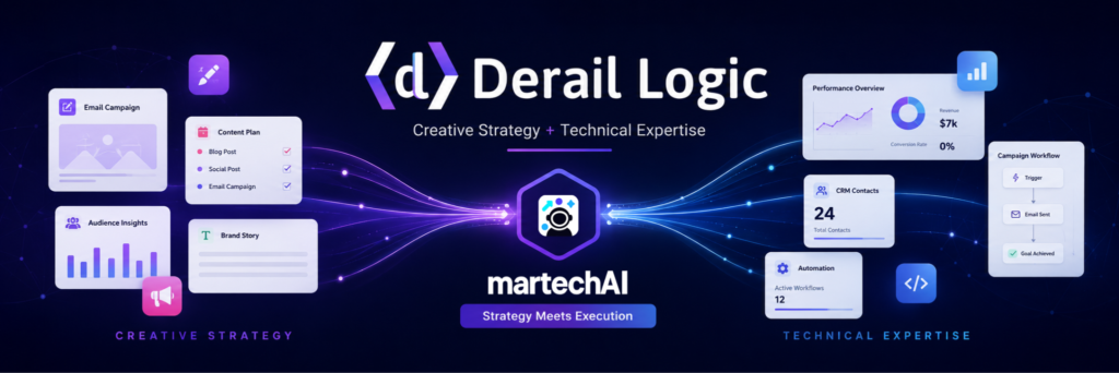 MartechAI visual connecting creative strategy with technical expertise through integrated AI marketing, CRM, analytics, and automation workflows.