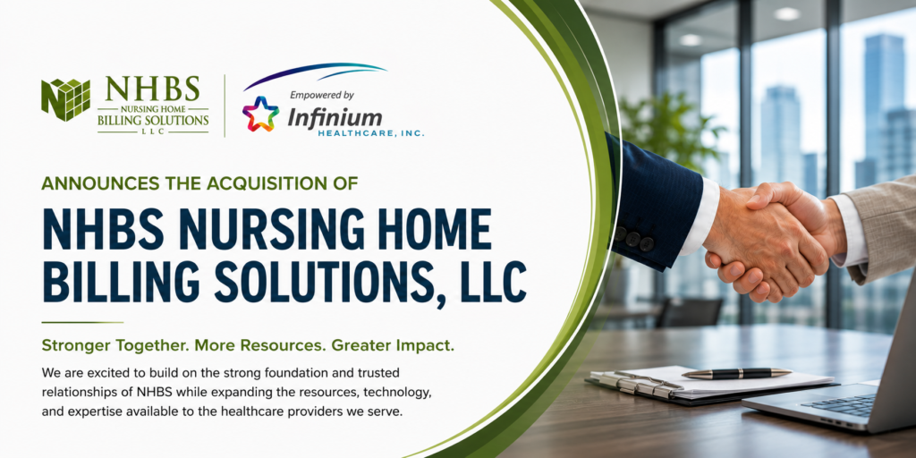 Announcement graphic of Infinium Healthcare acquiring NHBS with business handshake symbolizing partnership and expanded healthcare billing services.