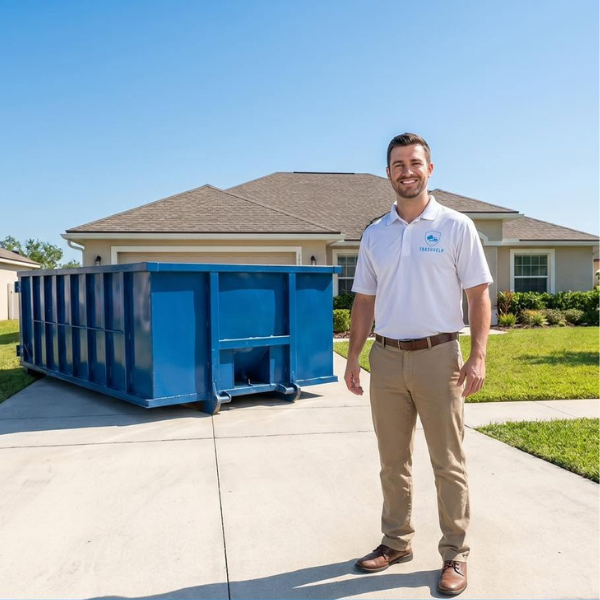 Local TrashHelp North Florida owner standing beside a blue roll-off dumpster in a residential driveway.