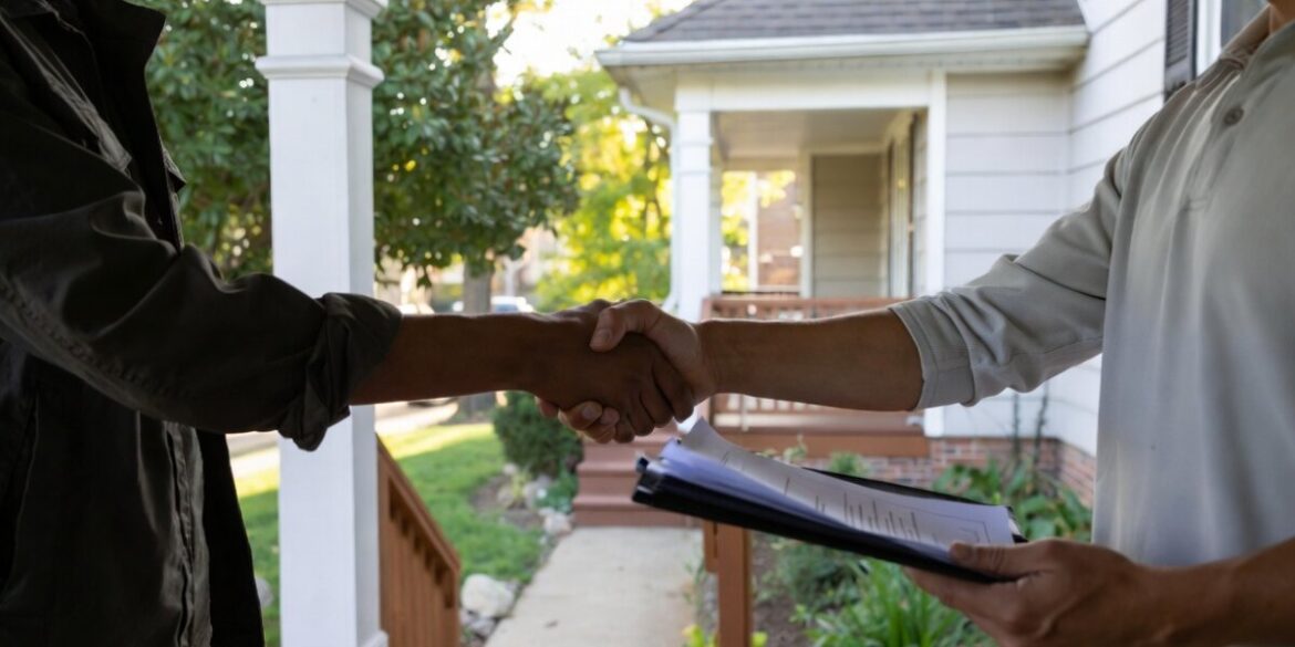 Two people shake hands outside a home while one holds documents on a clipboard.