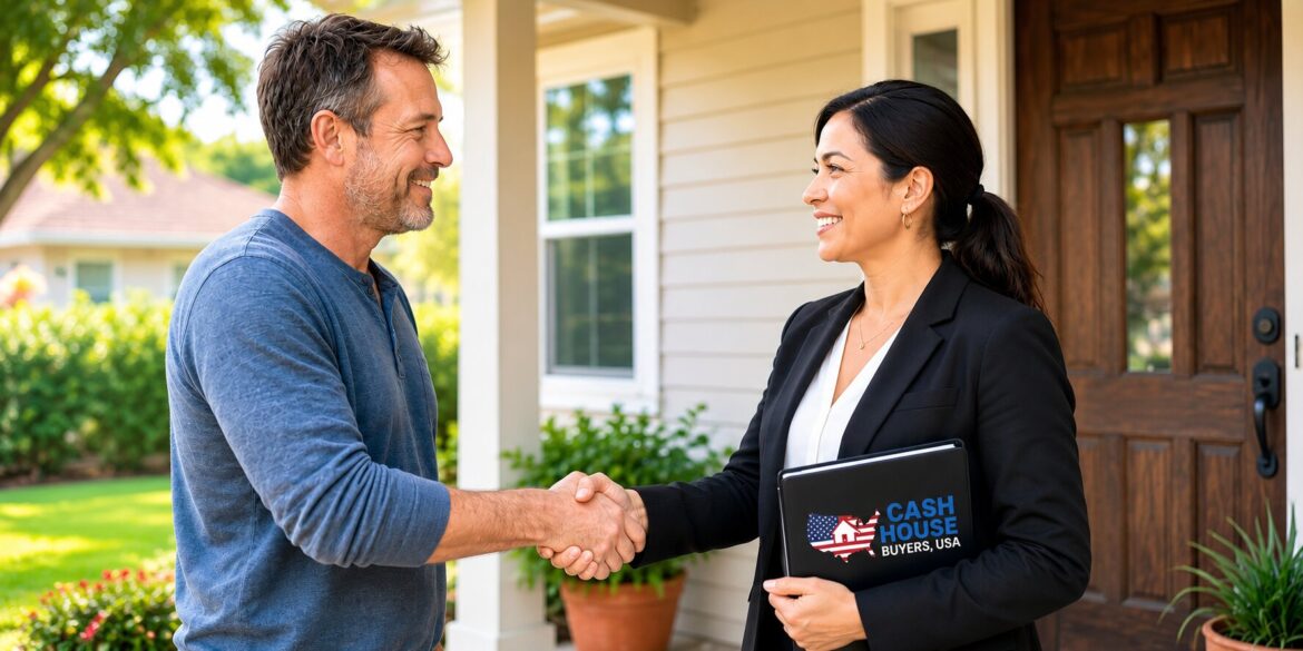 Homeowner shakes hands with a Cash House Buyers USA representative outside a residential property.
