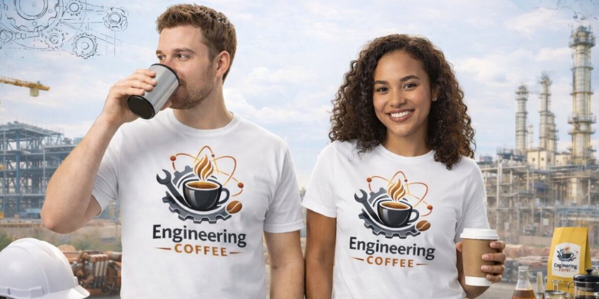 Two people in Engineering Coffee shirts holding drinks with industrial structures and equipment in the background.