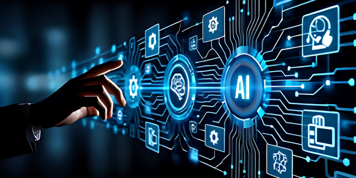 Hand reaching toward a digital AI interface with interconnected technology, data, and automation icons.