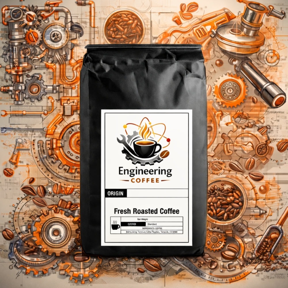 Engineering Coffee fresh roasted coffee bag surrounded by illustrated gears, coffee beans, pipes, and mechanical components.