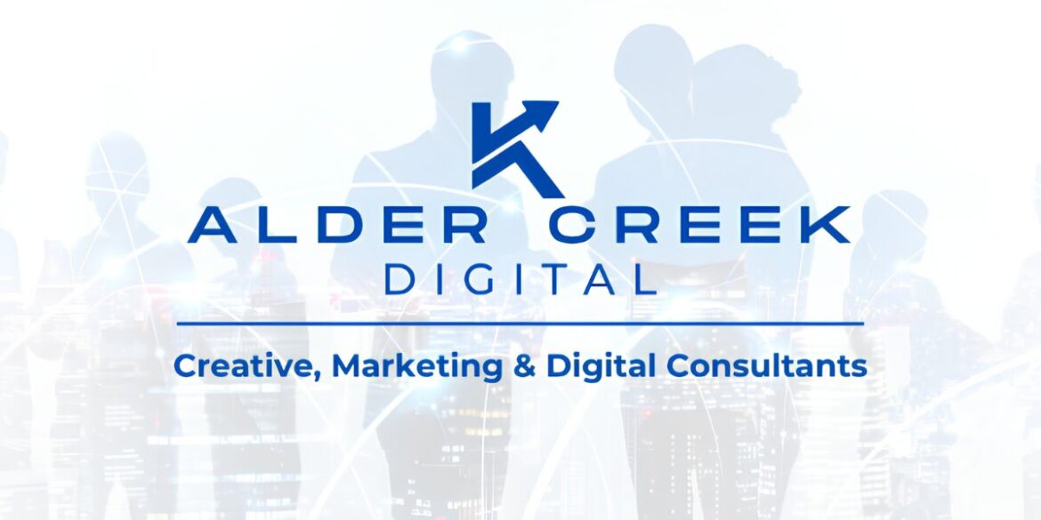 Alder Creek Digital logo over business silhouettes with “Creative, Marketing & Digital Consultants” text.
