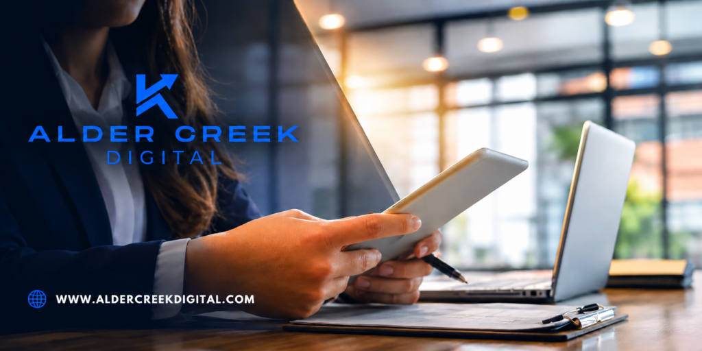 Professional using a tablet beside a laptop with Alder Creek Digital branding and website address.